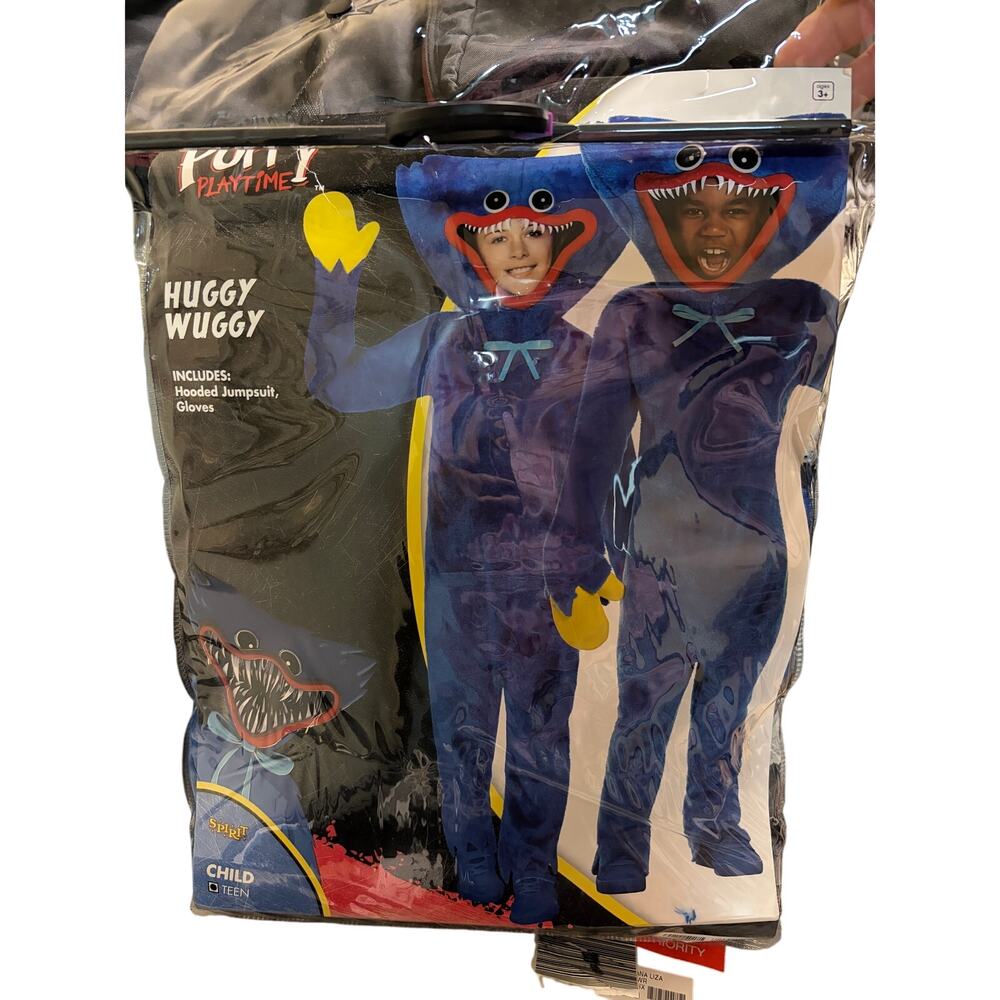 Spirit Huggy Wuggy Costume Kids Teen Blue Faux Fur Hood Face Graphic Hand Covers